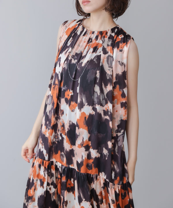 ボカシプリントギャザー切替ワンピース