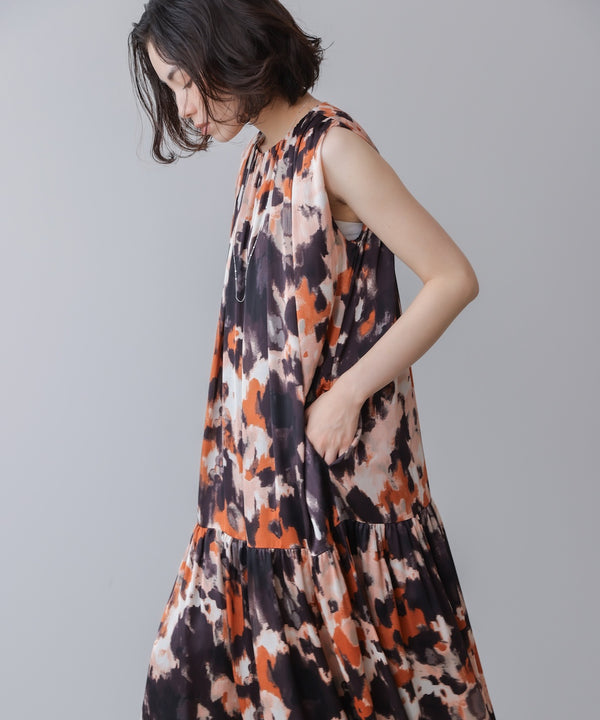ボカシプリントギャザー切替ワンピース
