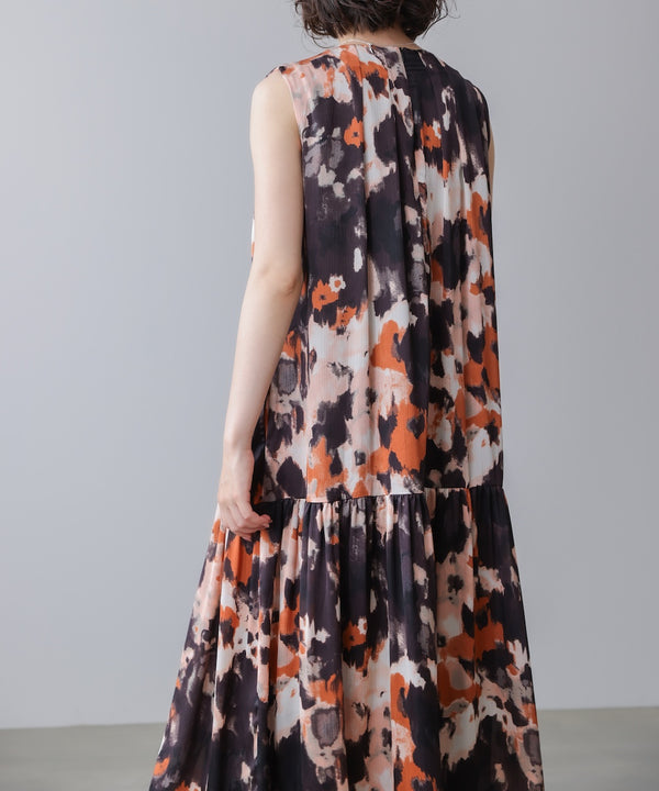 ボカシプリントギャザー切替ワンピース