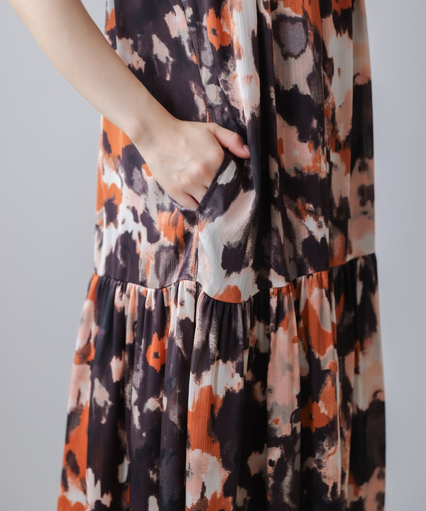 ボカシプリントギャザー切替ワンピース