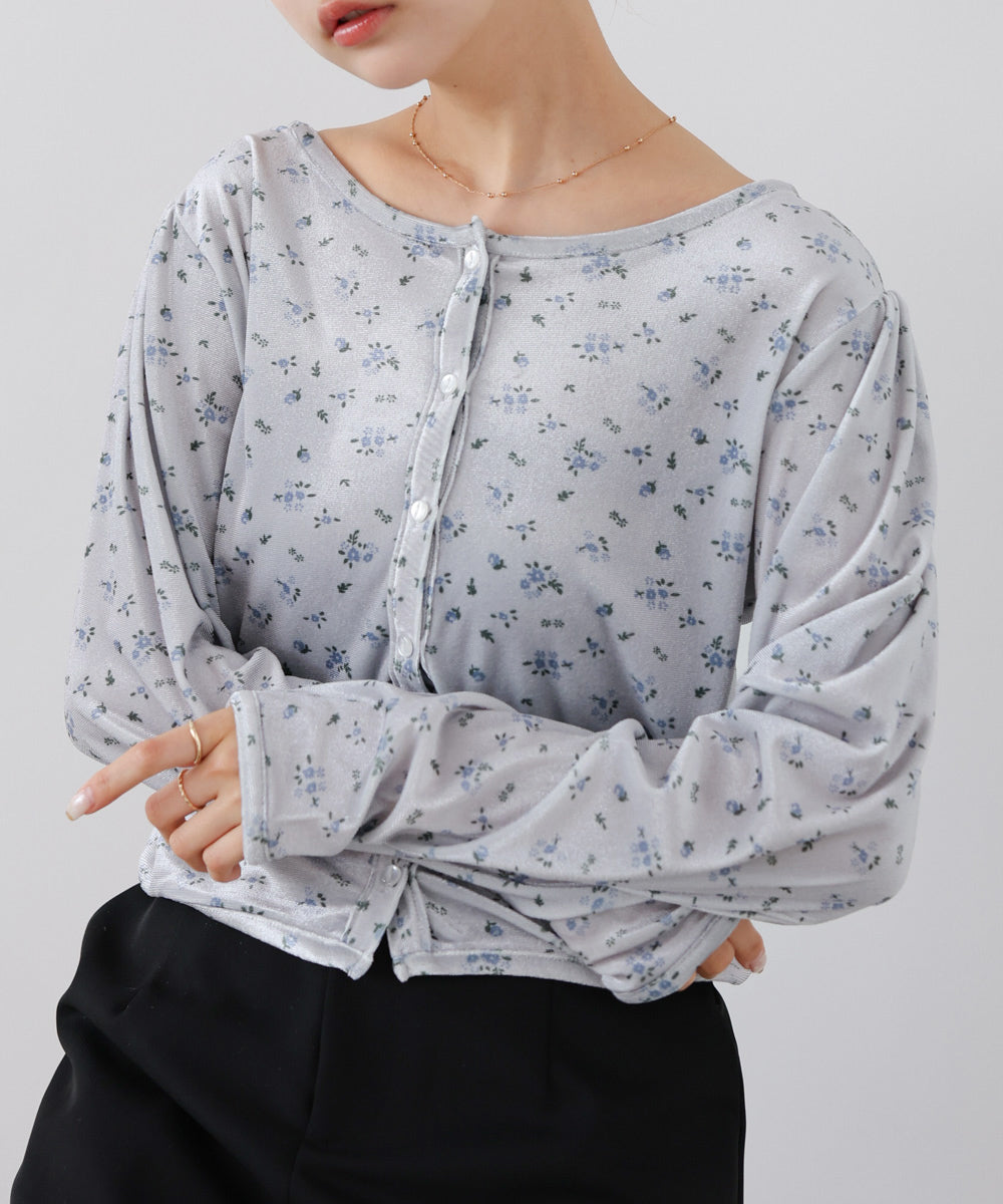 ベロアフラワープリントカーディガントップス