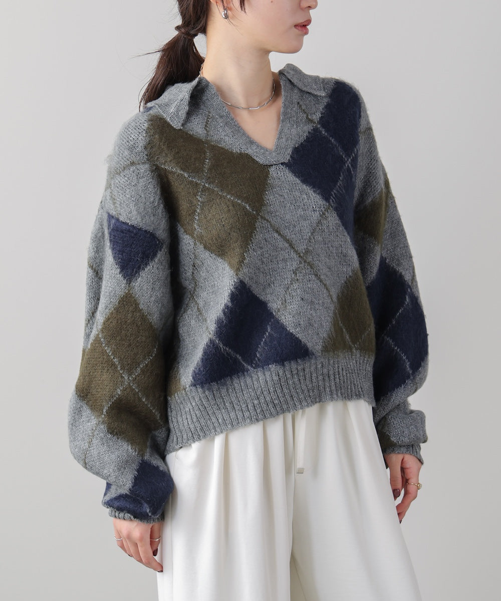 アーガイル襟付ニット