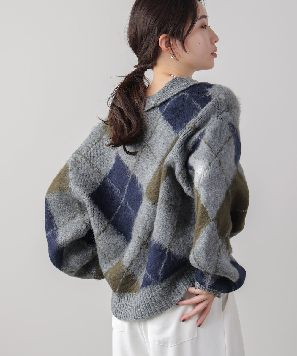アーガイル襟付ニット