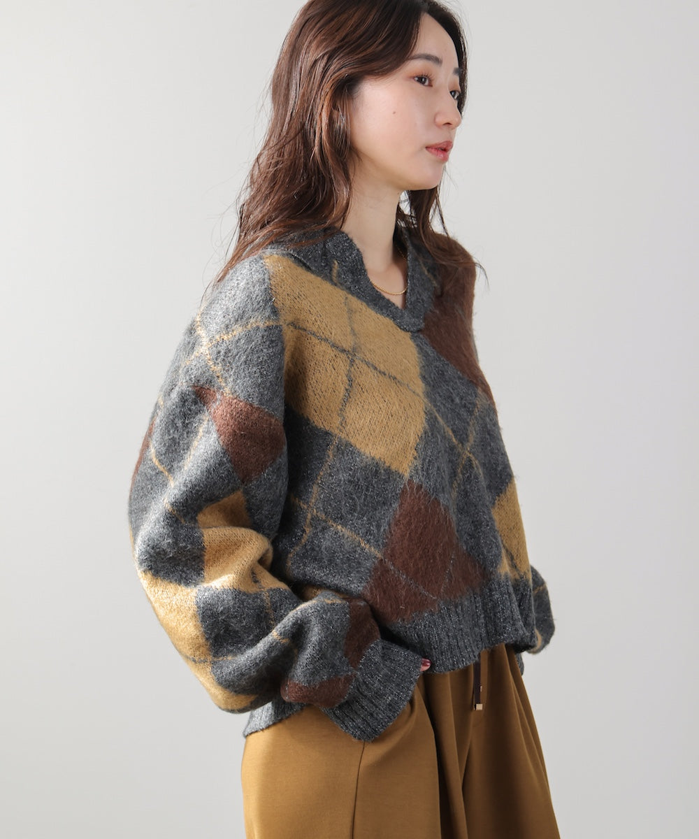 アーガイル襟付ニット