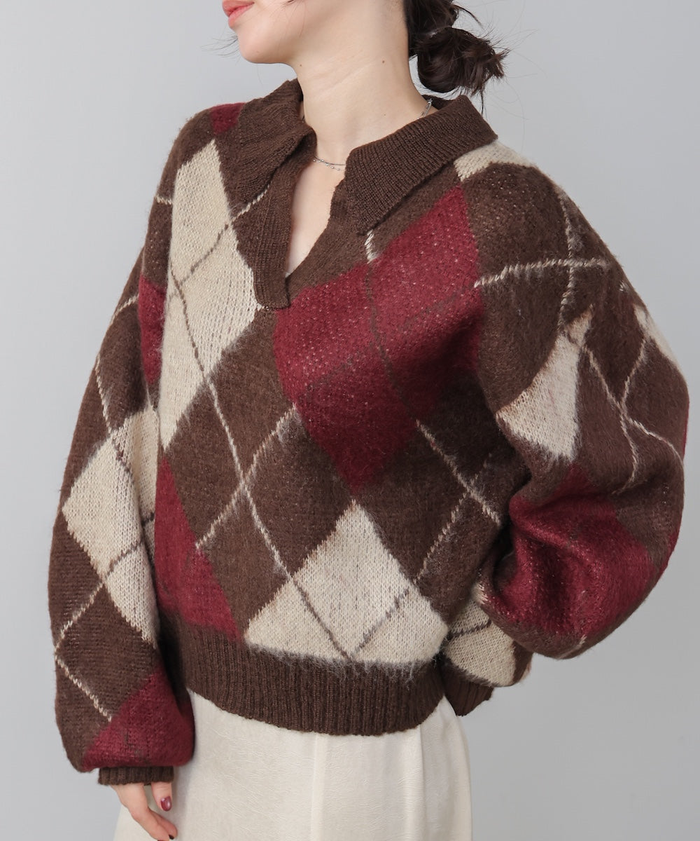 アーガイル襟付ニット