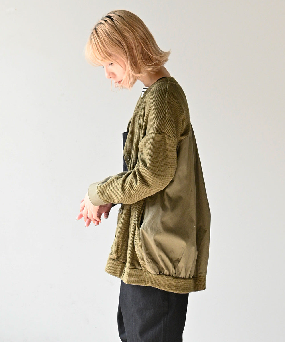 Lupilien 起毛ワッフル編み 布帛切替カーディガン