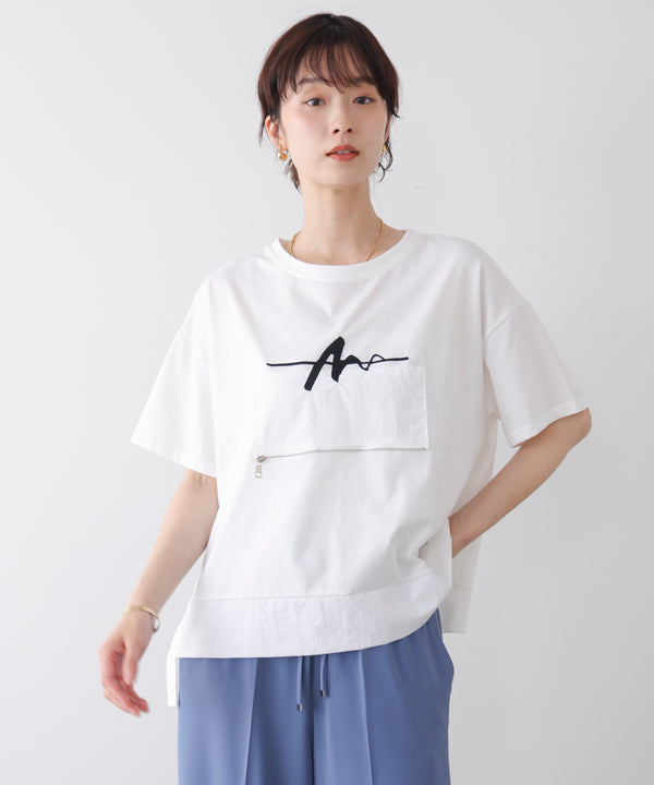 刺繍アンダーファスナーTシャツ