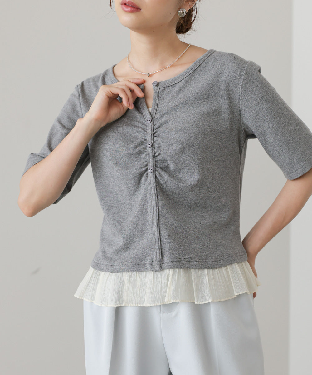裾フリルヘンリーネック半袖カットソー