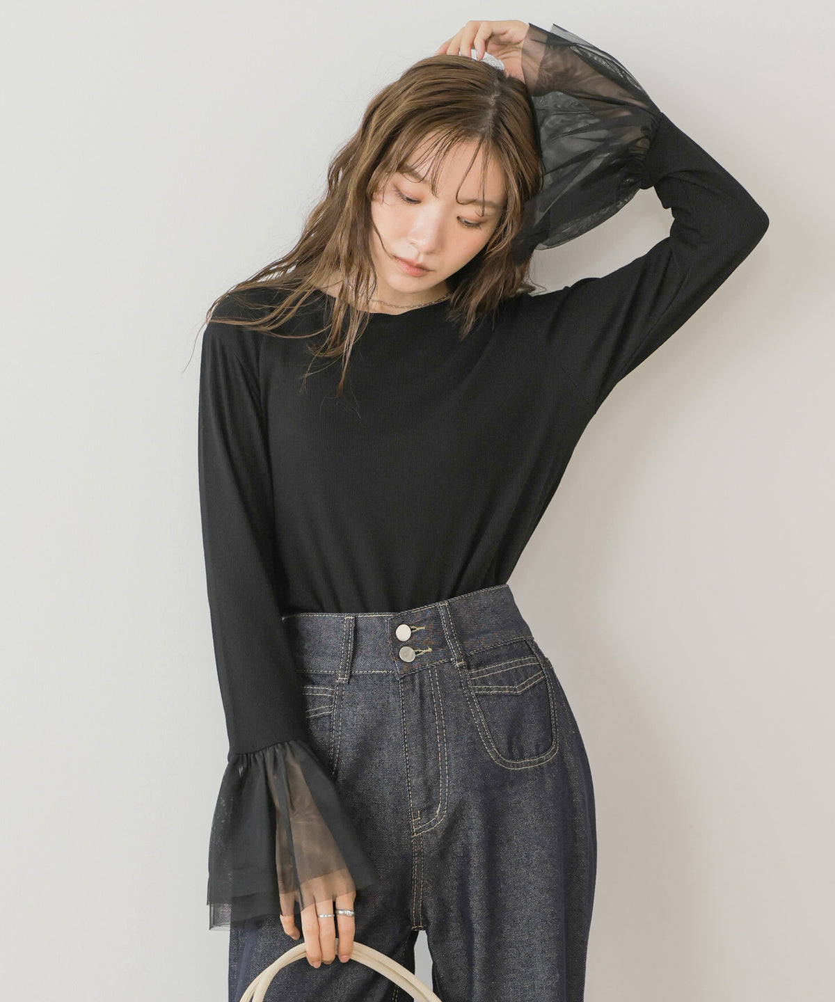カフスフレアチュールリブトップス