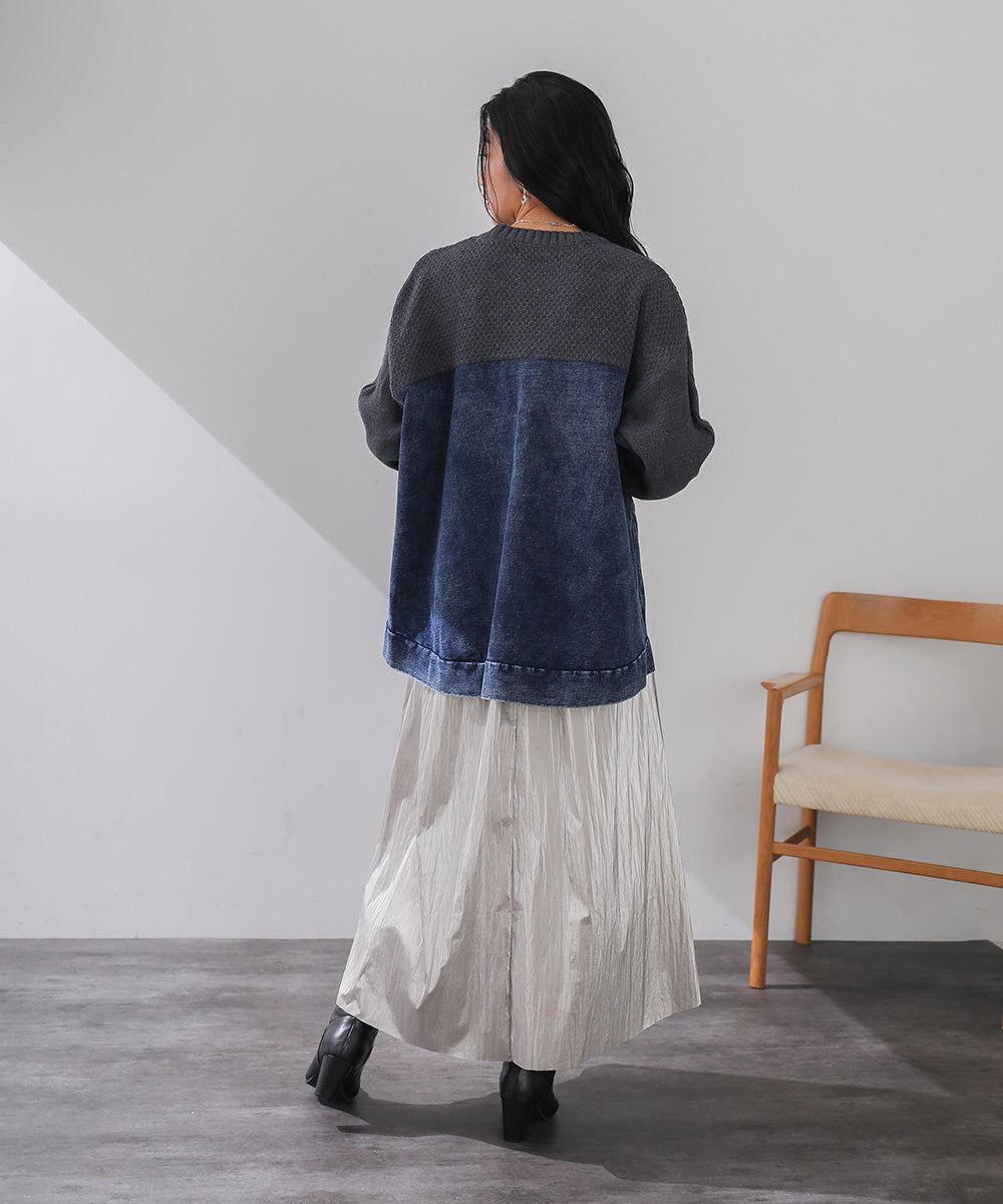 [WEB限定]裾ZIPデニムコンビケーブルニットプルオーバー