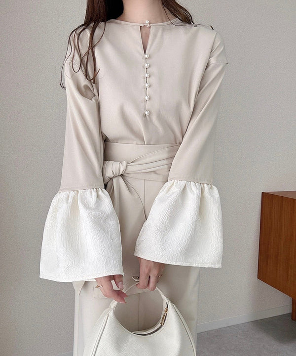 【オケージョンドレス/結婚式/SET ITEM/裏地付き】袖フレアジャガードブラウス