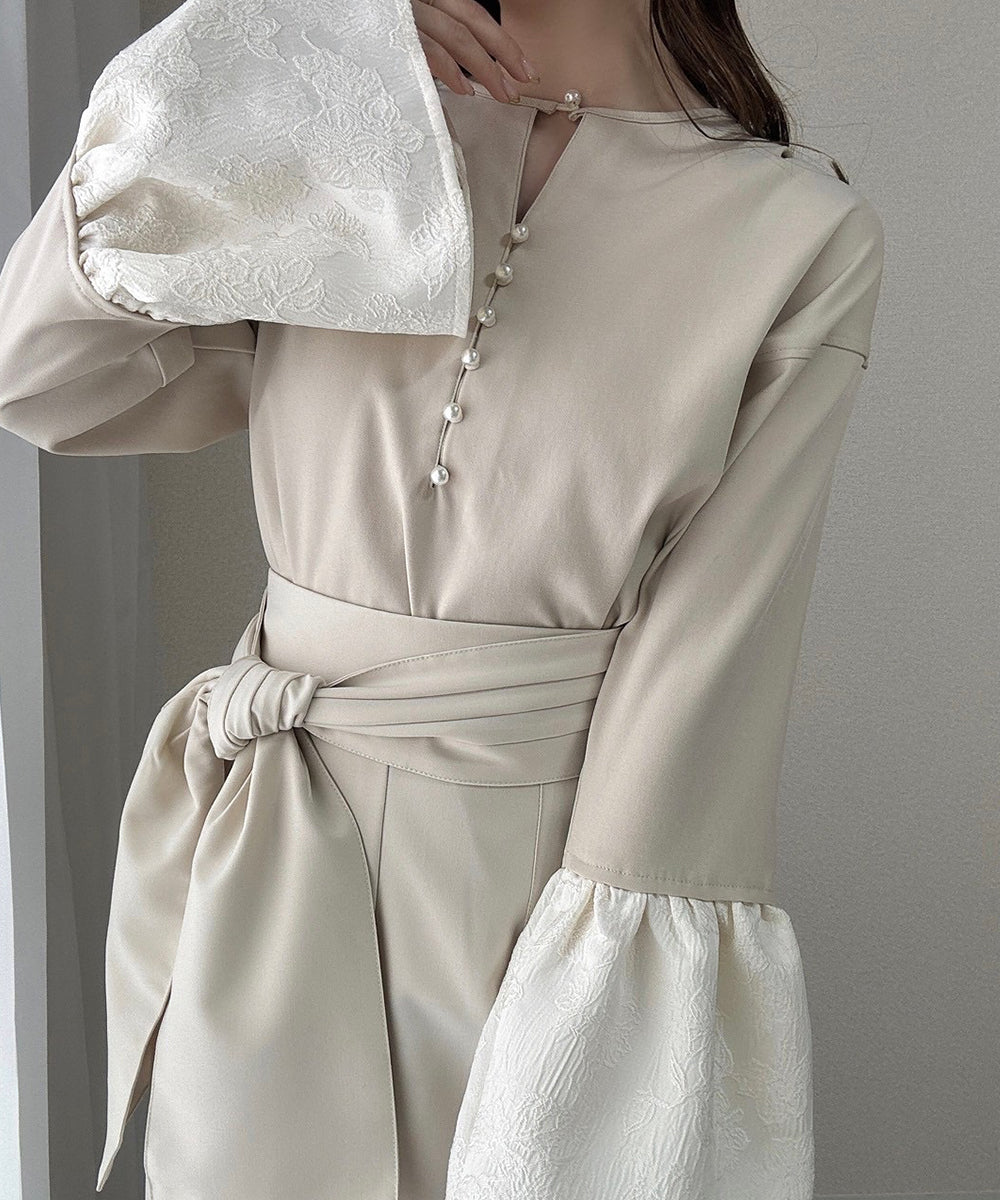 【オケージョンドレス/結婚式/SET ITEM/裏地付き】袖フレアジャガードブラウス