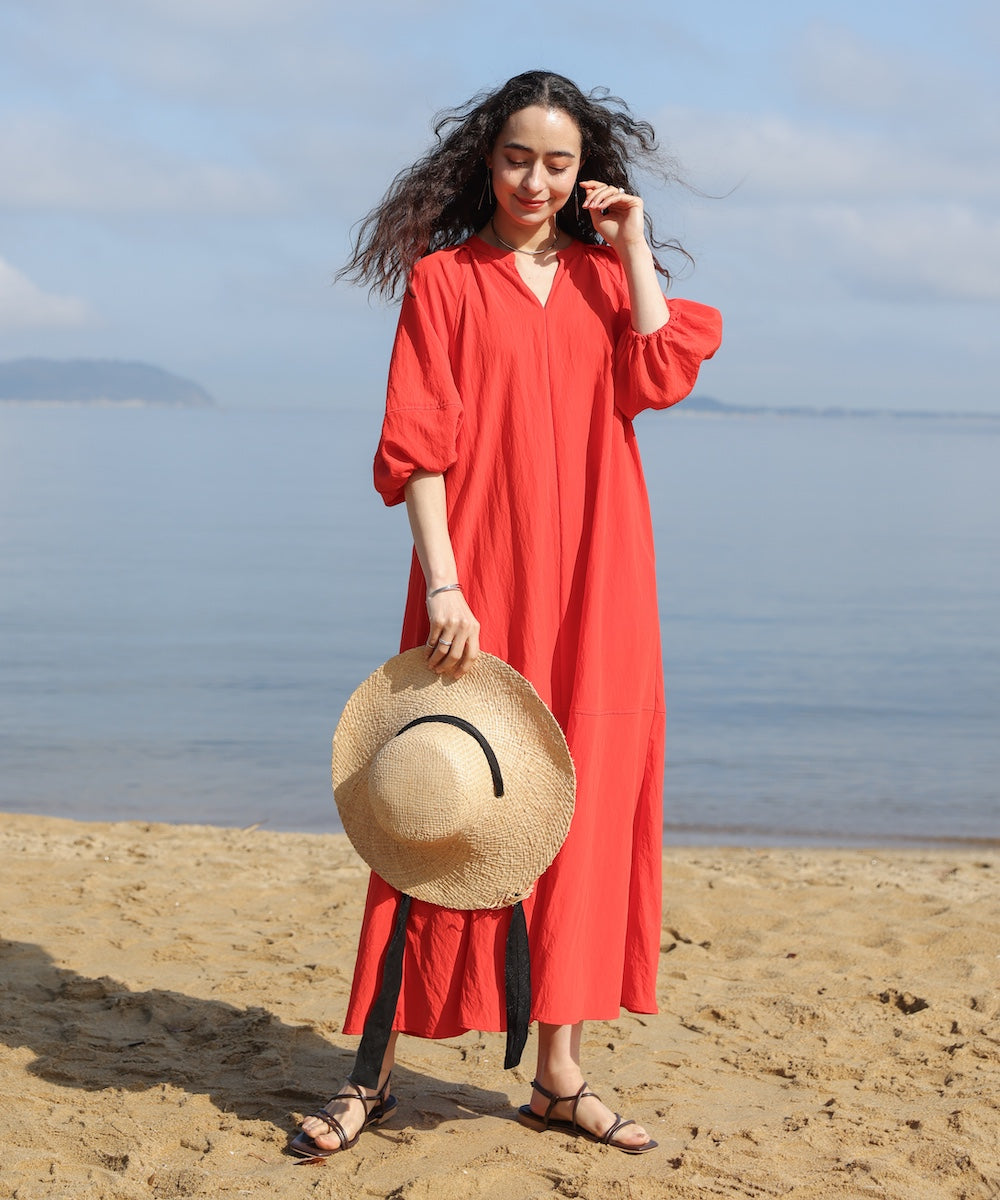 ナイロン混袖ボリュームワンピース