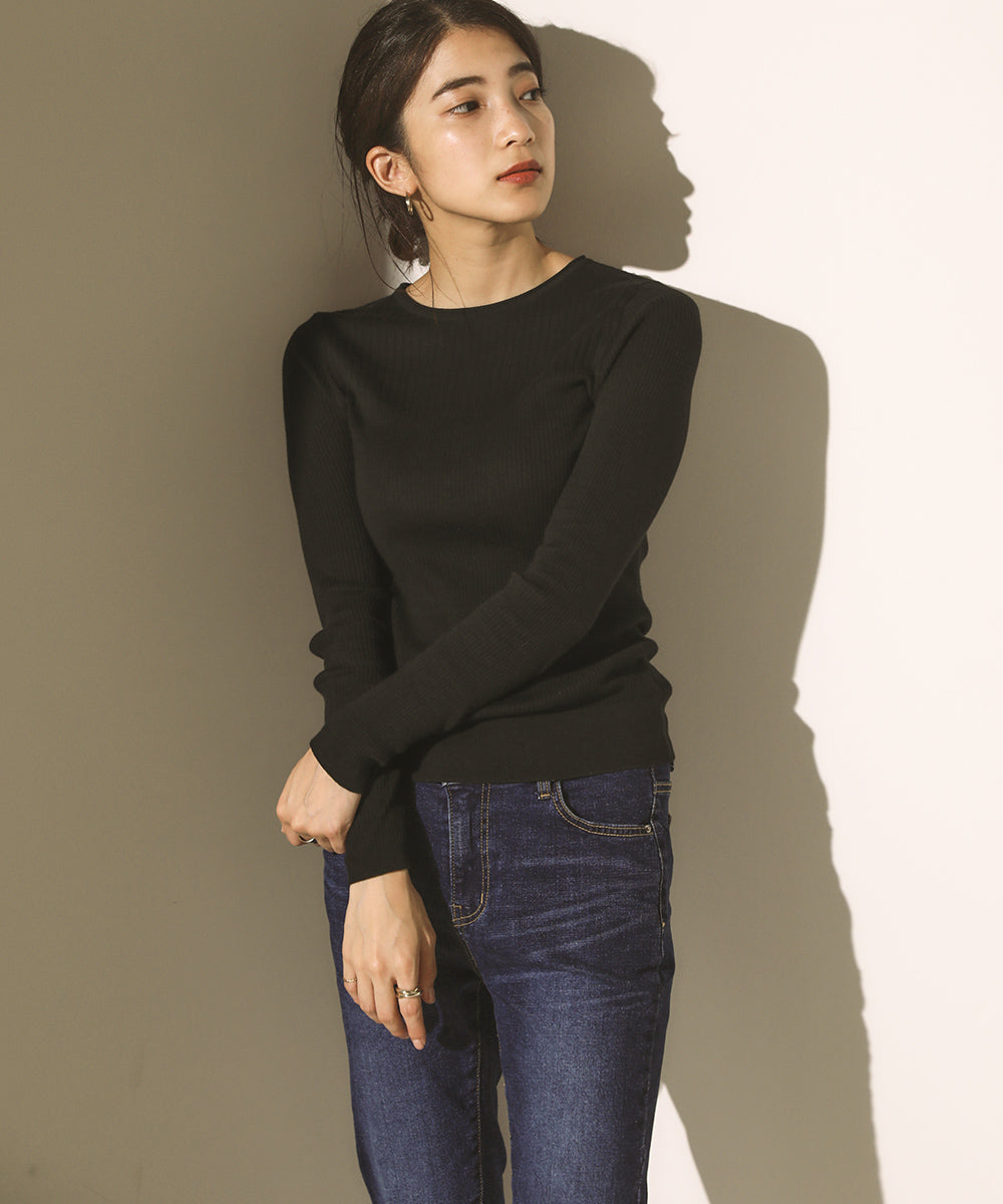 18G保湿リブ切替ラウンドプルオーバー