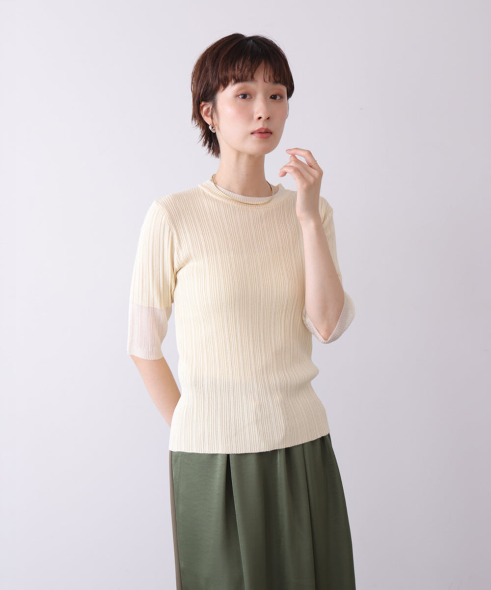 ランダムリブ異素材使半袖ニット