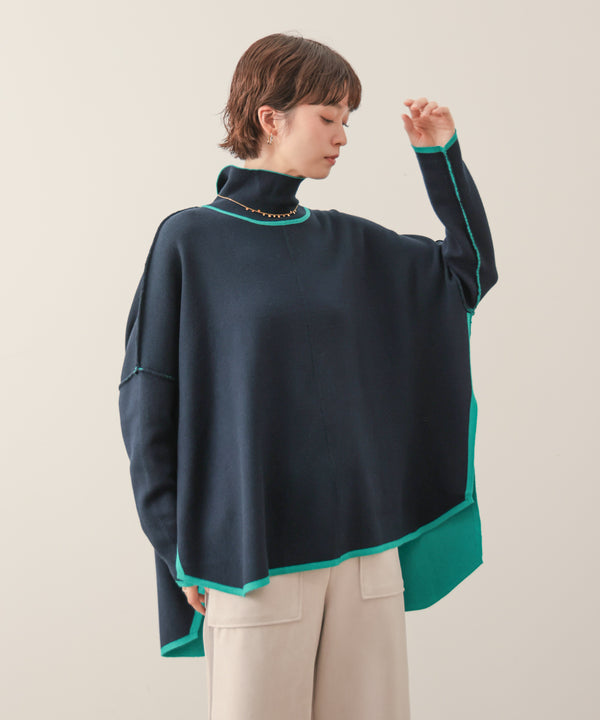 リバーシブルＷフェイスポンチョ風ニットプルオーバー［GREEN×NAVY/BLACK×ECRUは10/22発送予定］