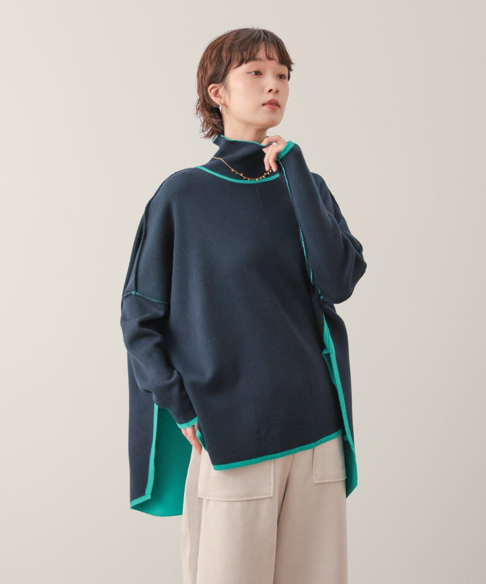 リバーシブルＷフェイスポンチョ風ニットプルオーバー［GREEN×NAVY/BLACK×ECRUは10/22発送予定］