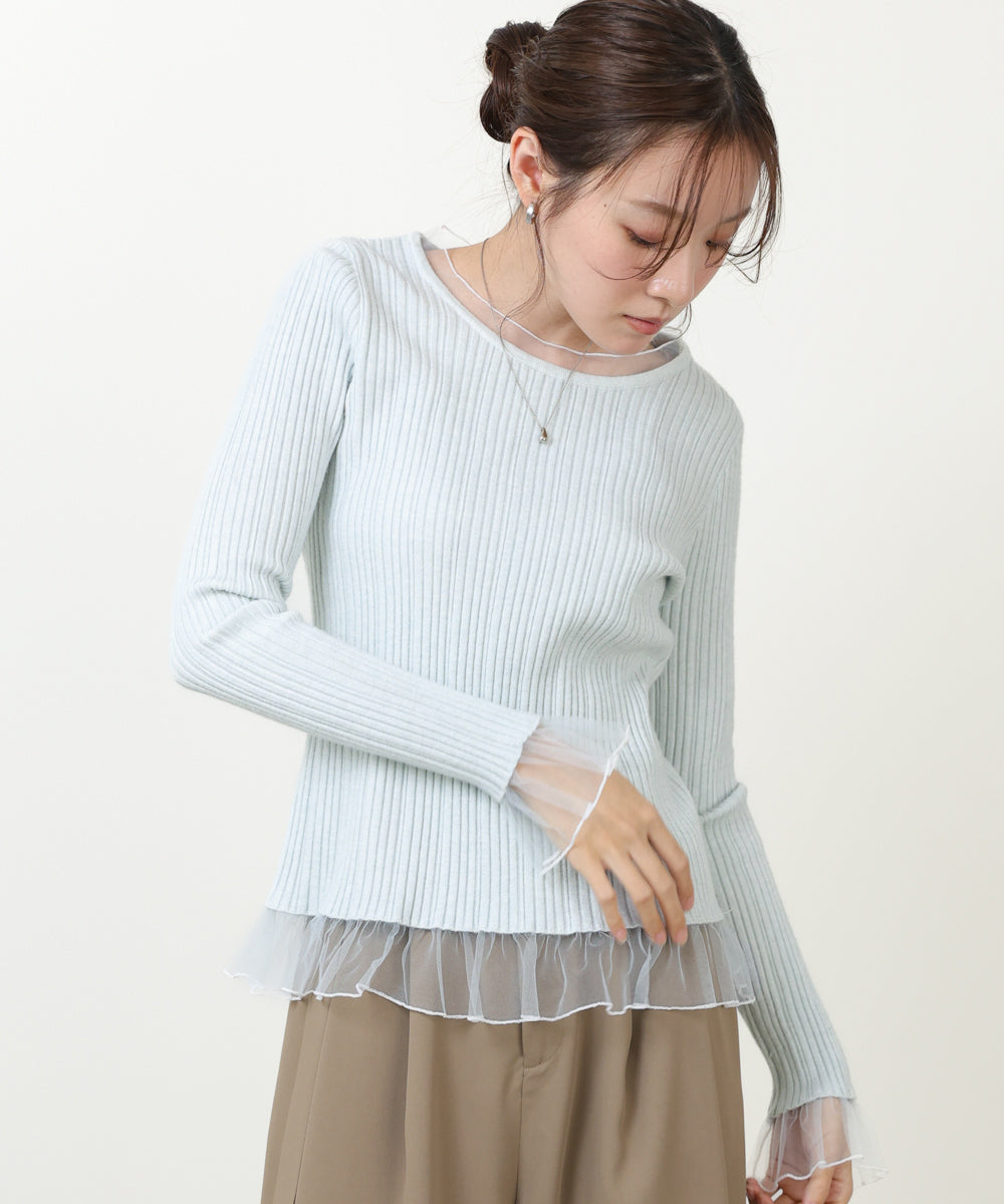フリル切替リブニットトップス