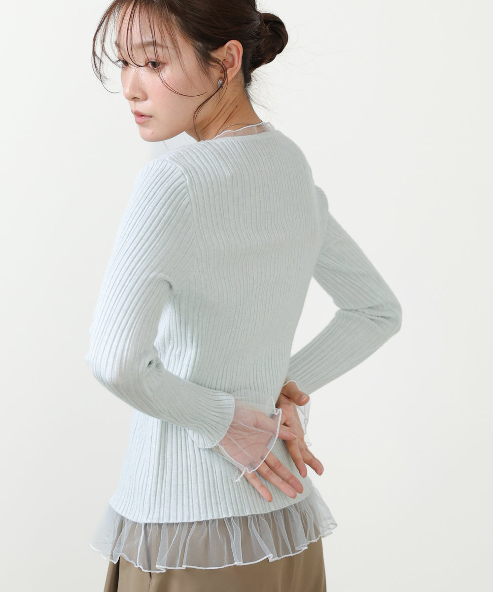 フリル切替リブニットトップス