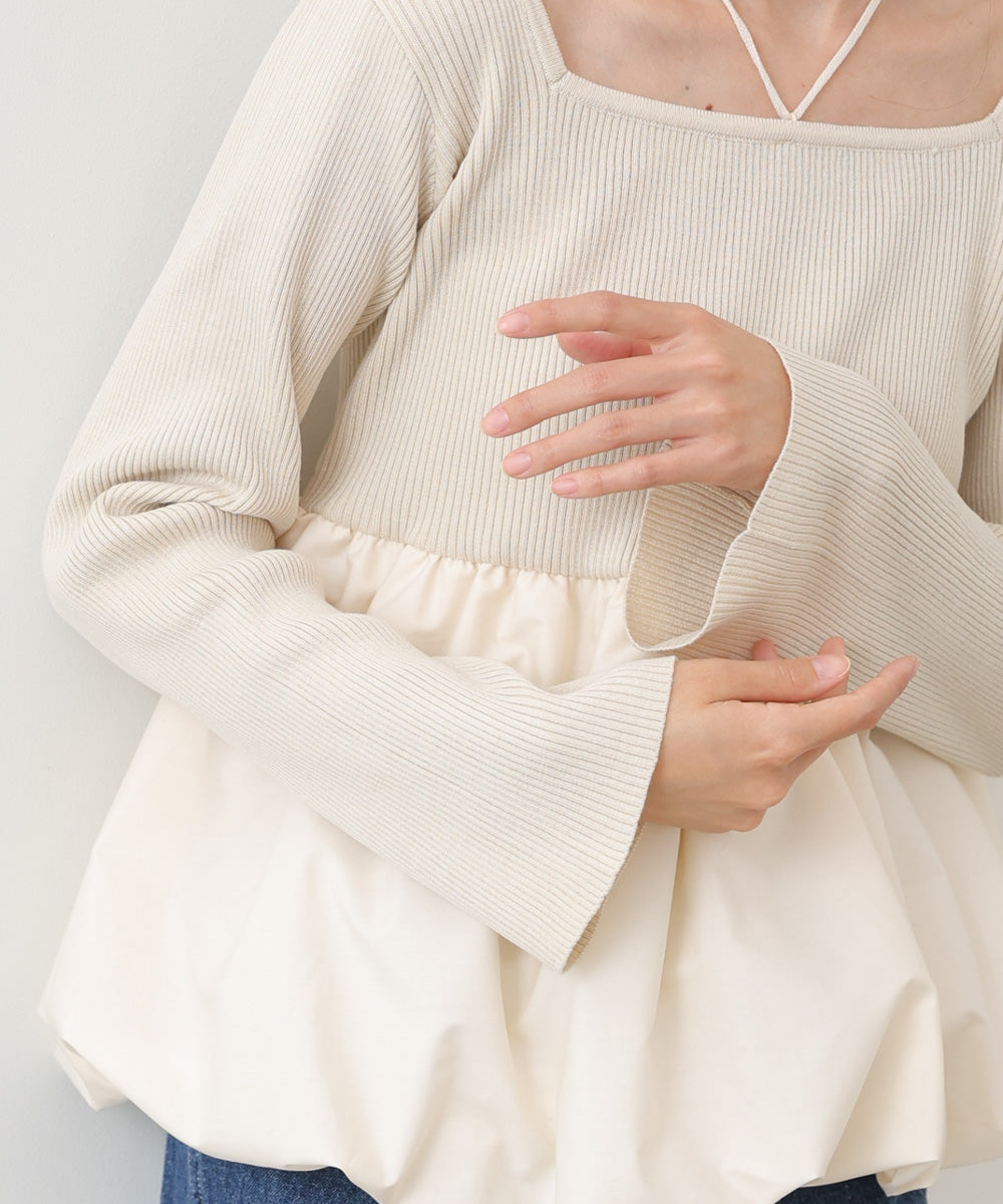 リボンネックペプラムバルーンニットトップス