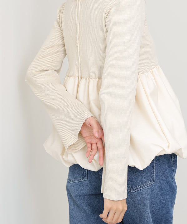 リボンネックペプラムバルーンニットトップス