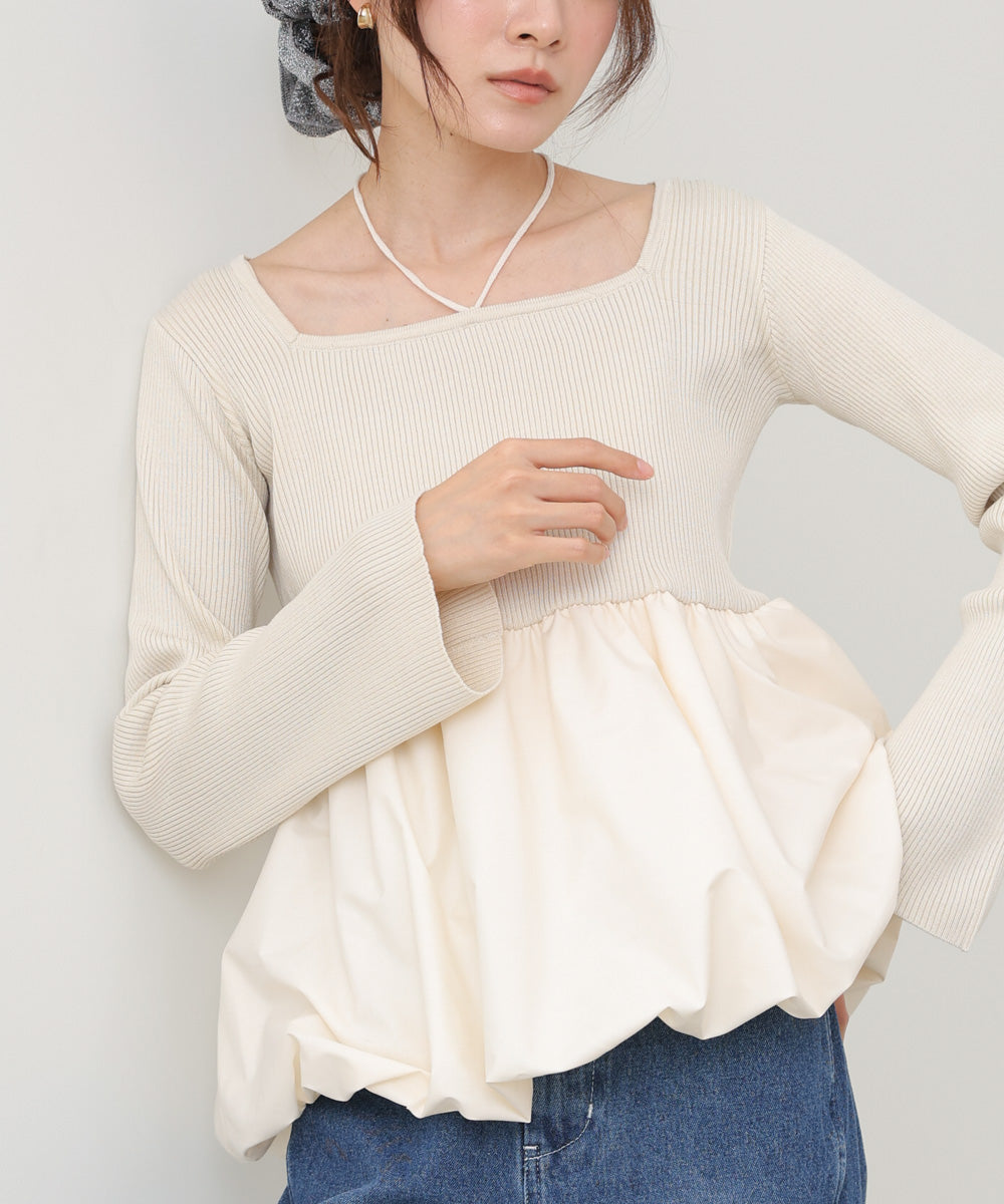 リボンネックペプラムバルーンニットトップス
