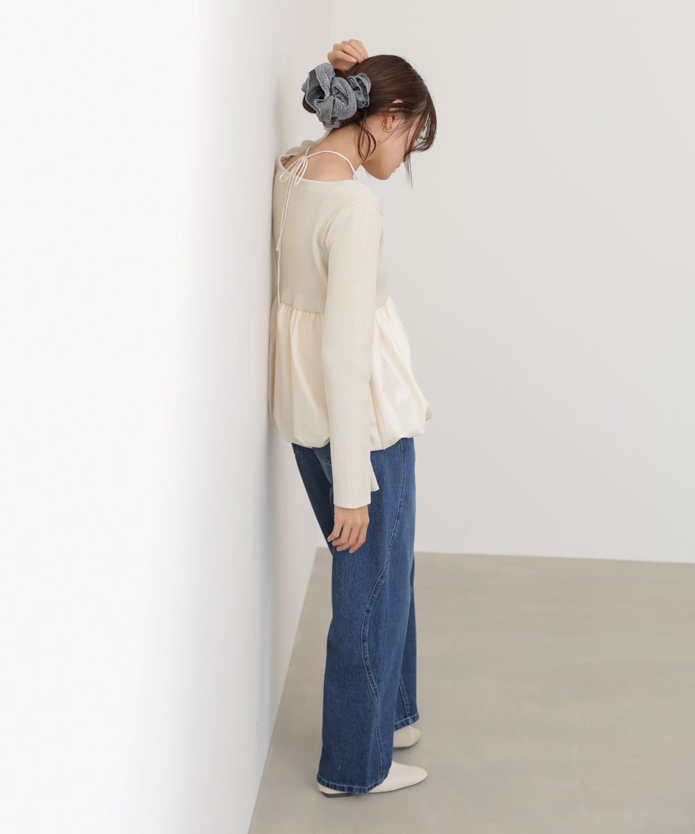 リボンネックペプラムバルーンニットトップス