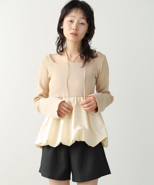 リボンネックペプラムバルーンニットトップス