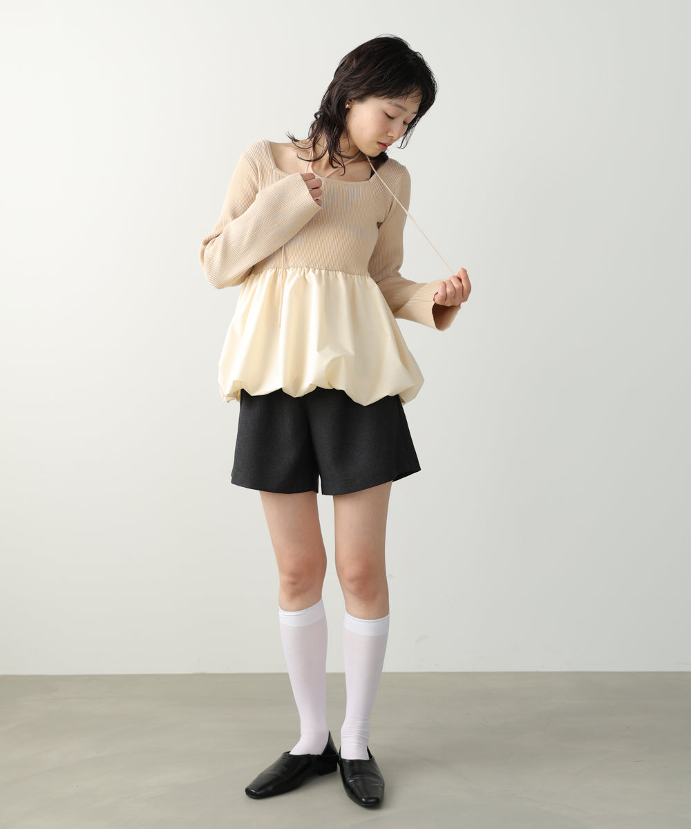 リボンネックペプラムバルーンニットトップス