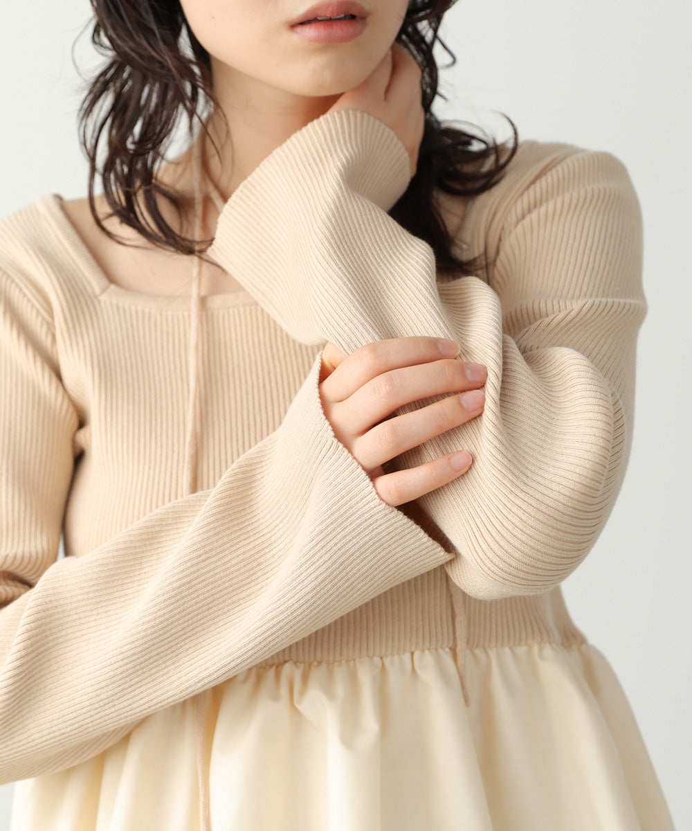 リボンネックペプラムバルーンニットトップス