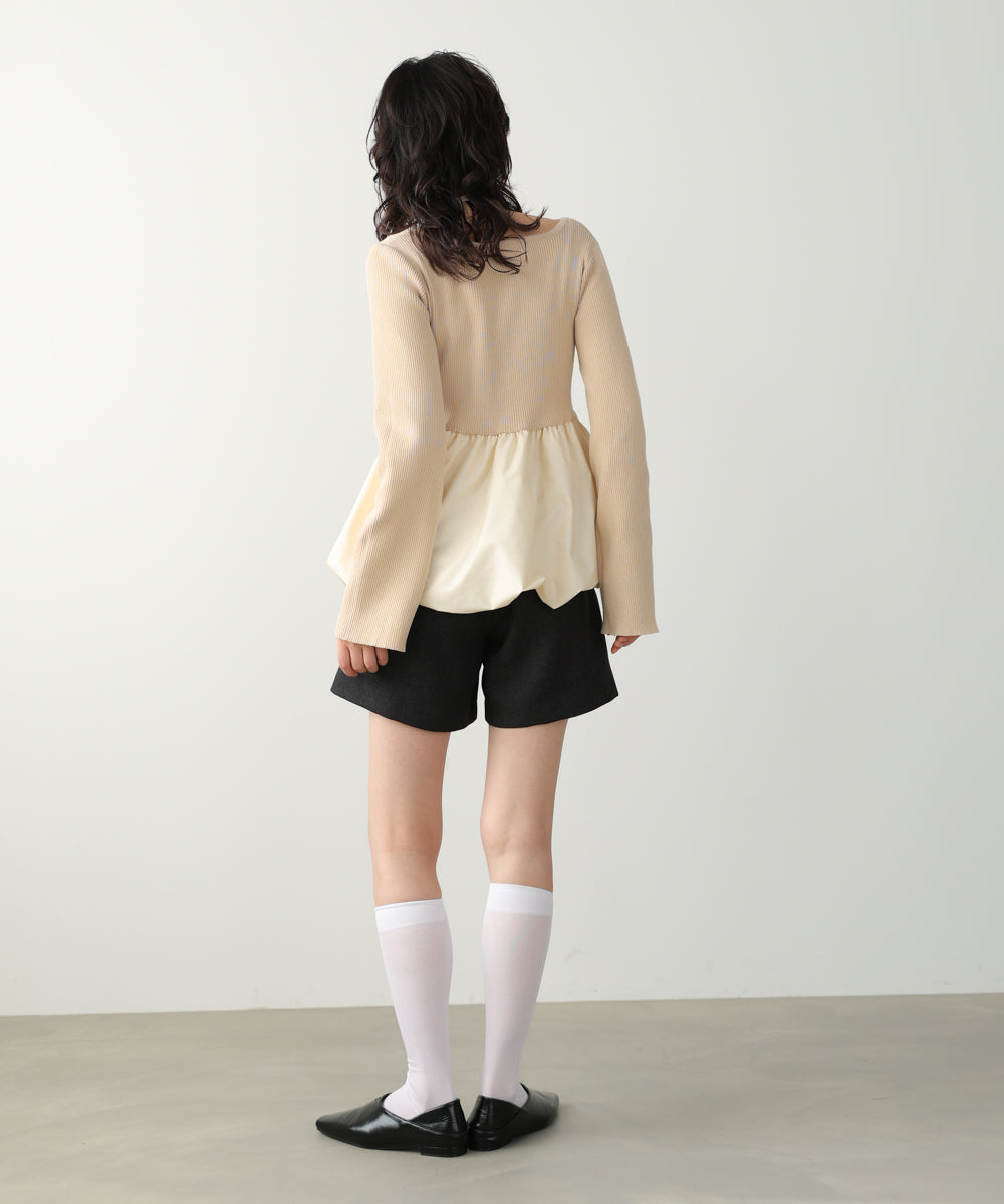 リボンネックペプラムバルーンニットトップス