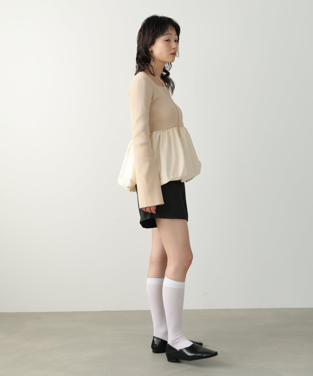 リボンネックペプラムバルーンニットトップス
