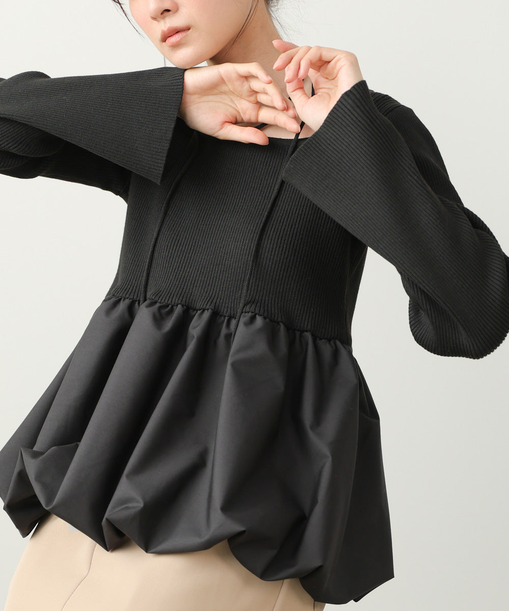 リボンネックペプラムバルーンニットトップス