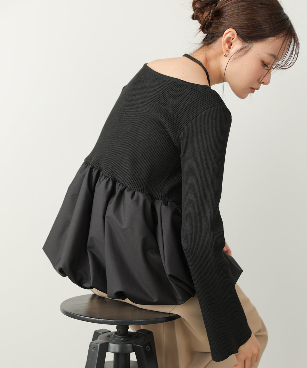 リボンネックペプラムバルーンニットトップス