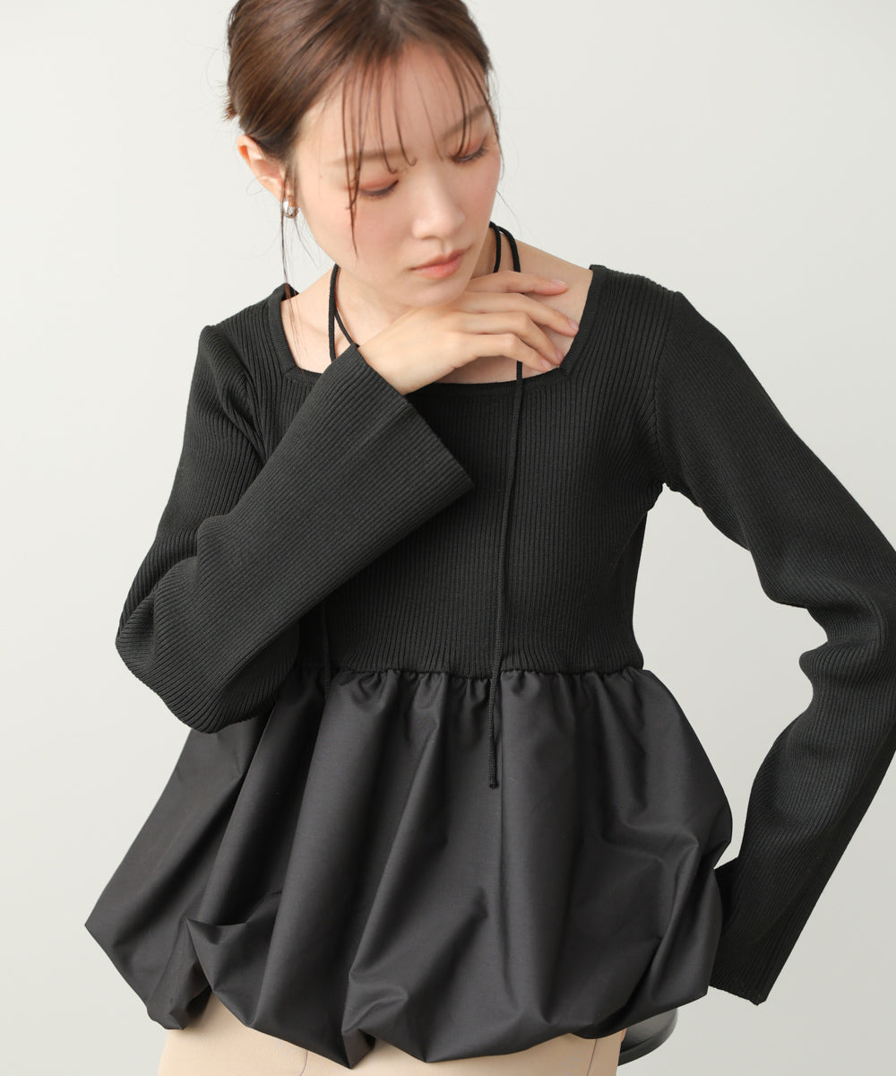 リボンネックペプラムバルーンニットトップス