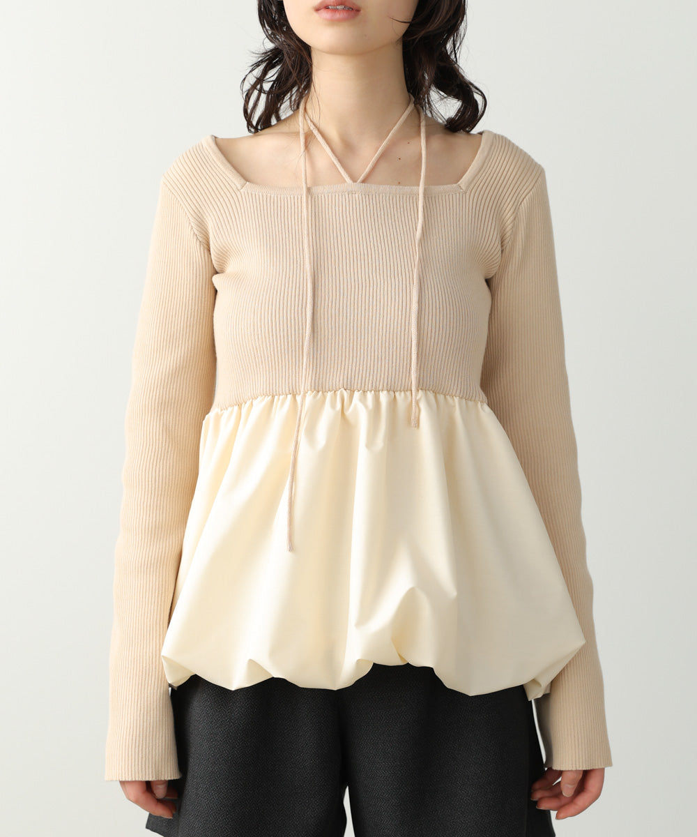 リボンネックペプラムバルーンニットトップス