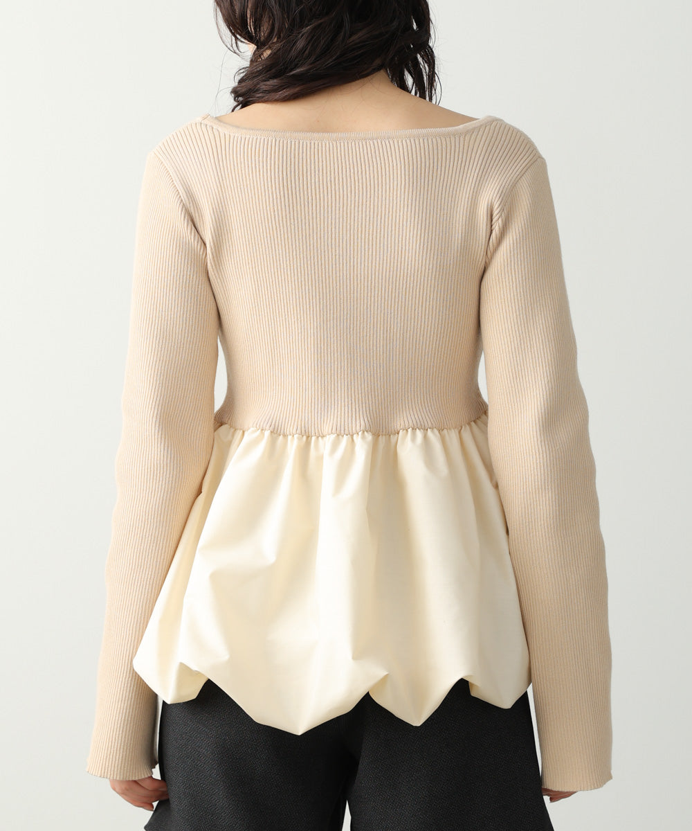 リボンネックペプラムバルーンニットトップス