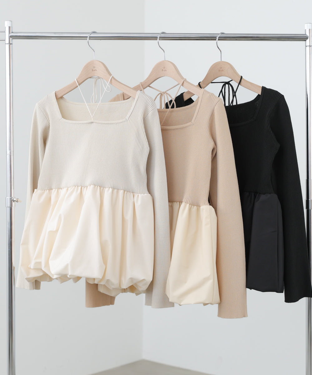 リボンネックペプラムバルーンニットトップス