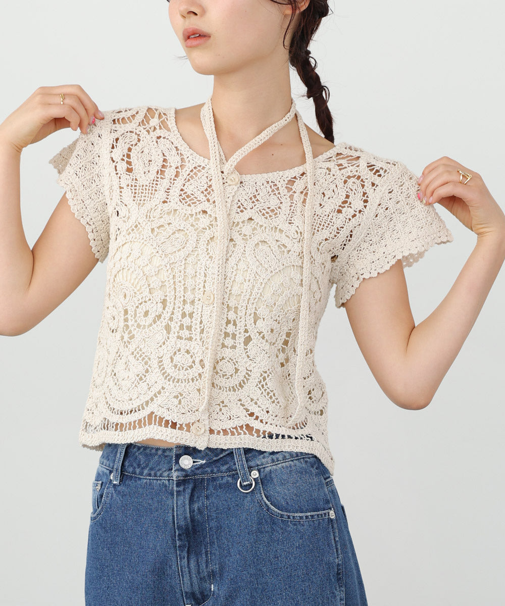 クロシェ半袖トップス