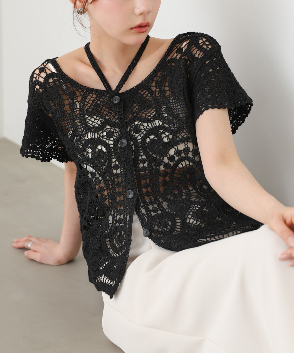 クロシェ半袖トップス