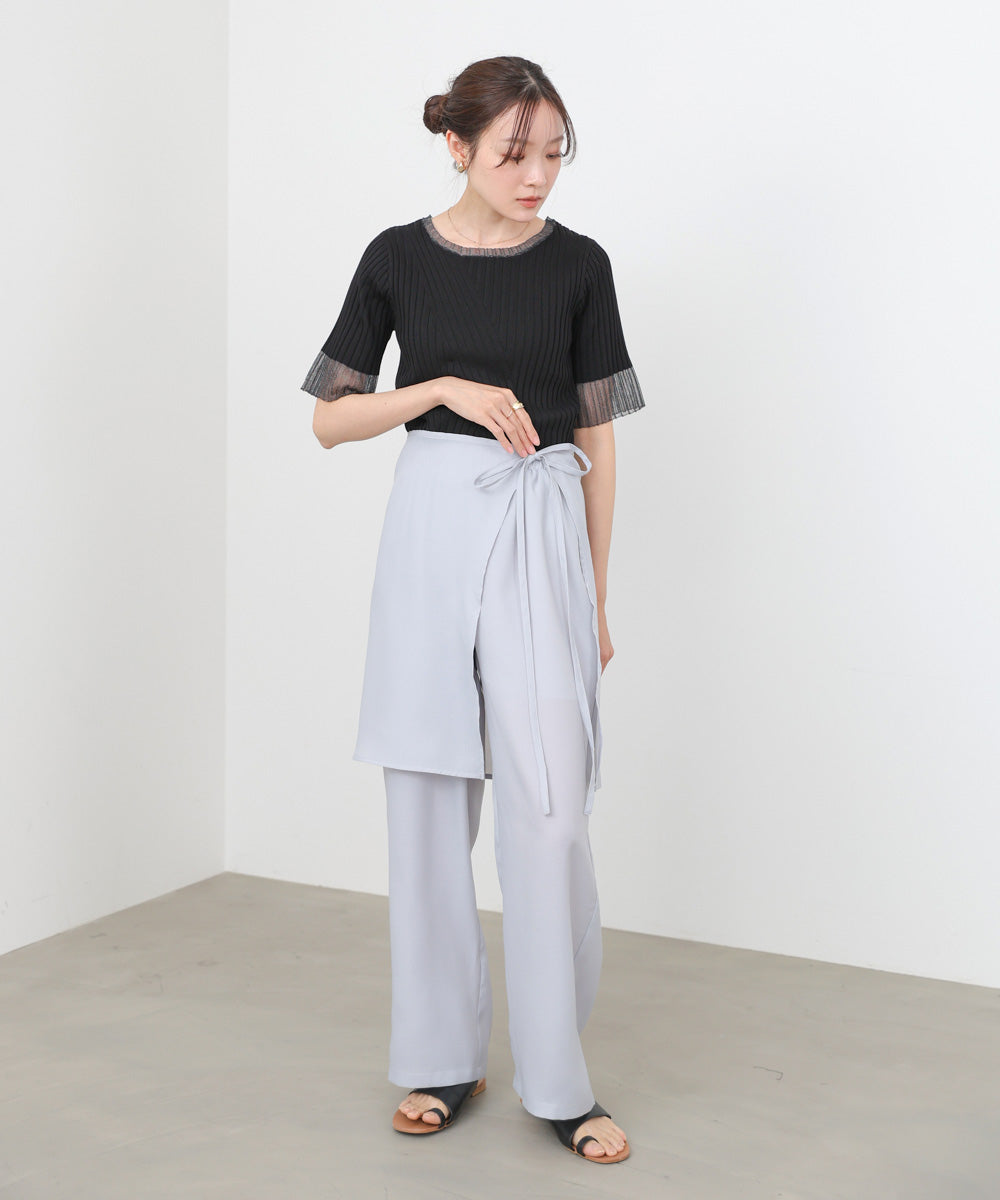 シアー使い５分袖リブニットトップス