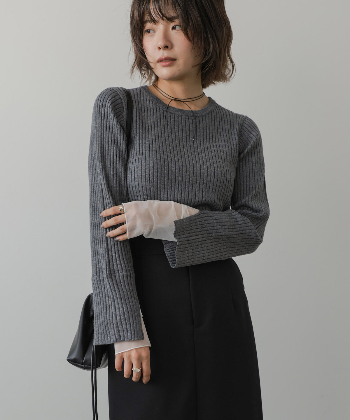 【クルーネック】チュールレイヤードリブニットトップス
