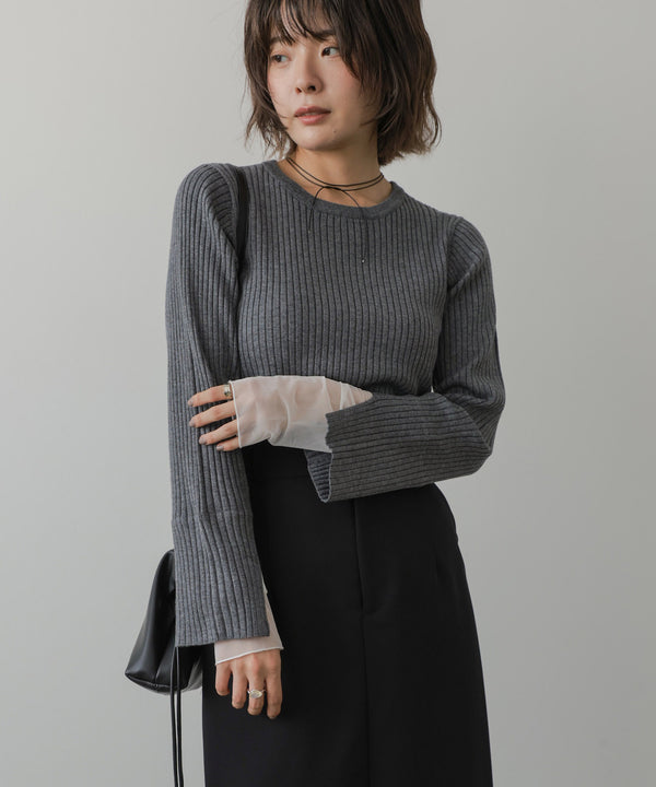 【クルーネック】チュールレイヤードリブニットトップス