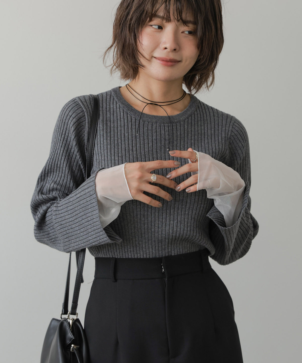 【クルーネック】チュールレイヤードリブニットトップス