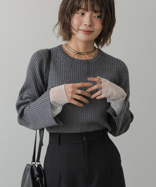 【クルーネック】チュールレイヤードリブニットトップス