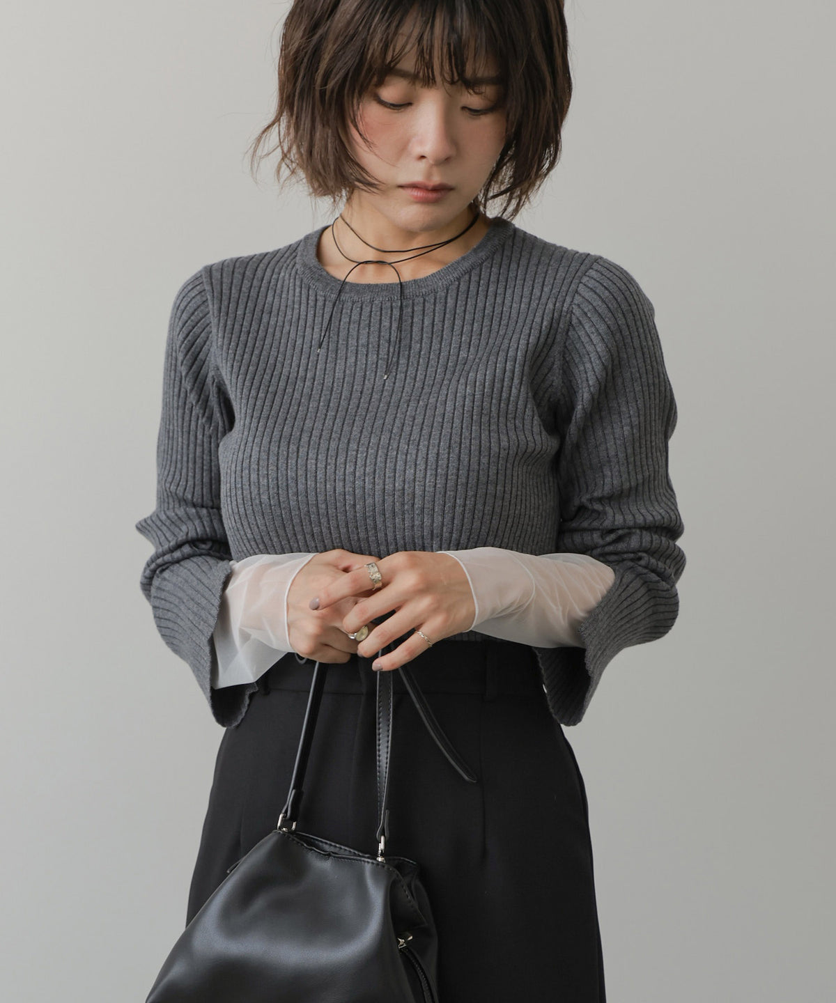 【クルーネック】チュールレイヤードリブニットトップス