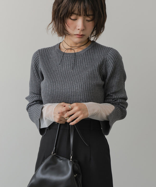 【クルーネック】チュールレイヤードリブニットトップス