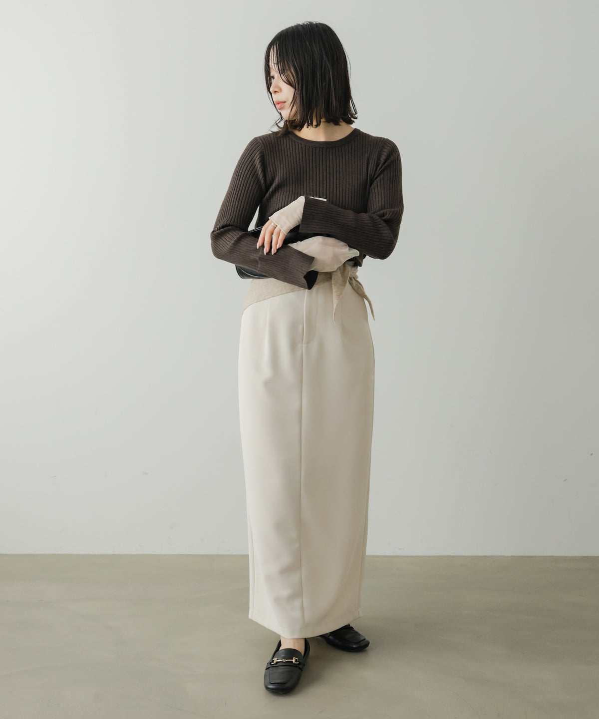 【クルーネック】チュールレイヤードリブニットトップス