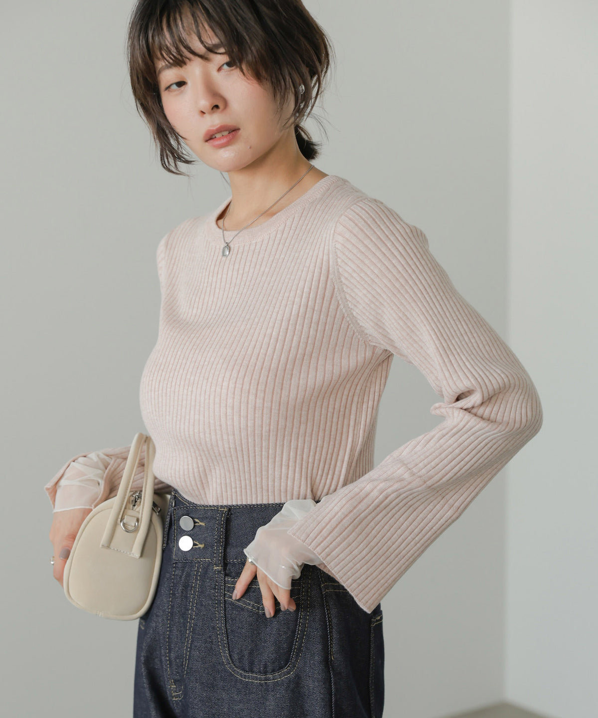 【クルーネック】チュールレイヤードリブニットトップス