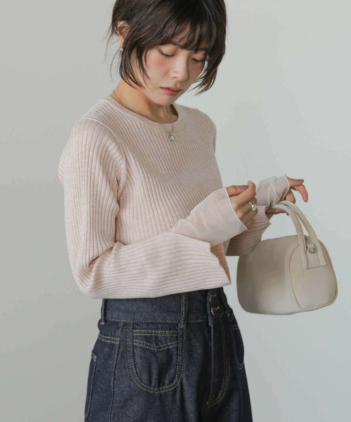 【クルーネック】チュールレイヤードリブニットトップス